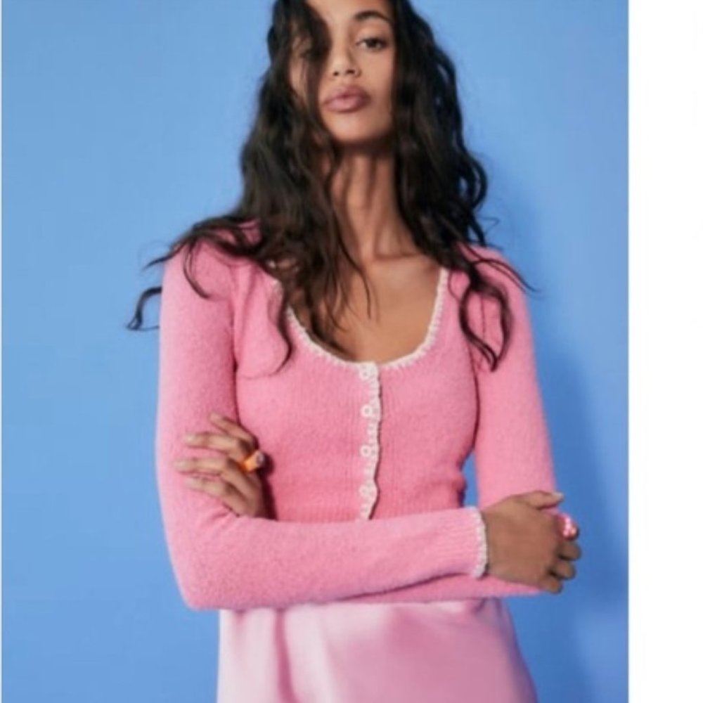 Zara Cropped Knit Crochet Trim Button Sweater Cardigan Pink Sz Small